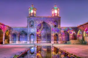 colorful Nasir al-Mulk Mosque Shiraz at night