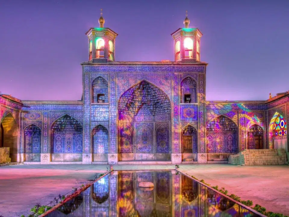 colorful Nasir al-Mulk Mosque Shiraz at night