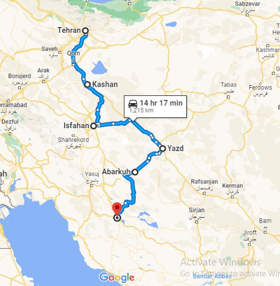 Iran Tour for Itaalian Citizens- map-tour itinerary