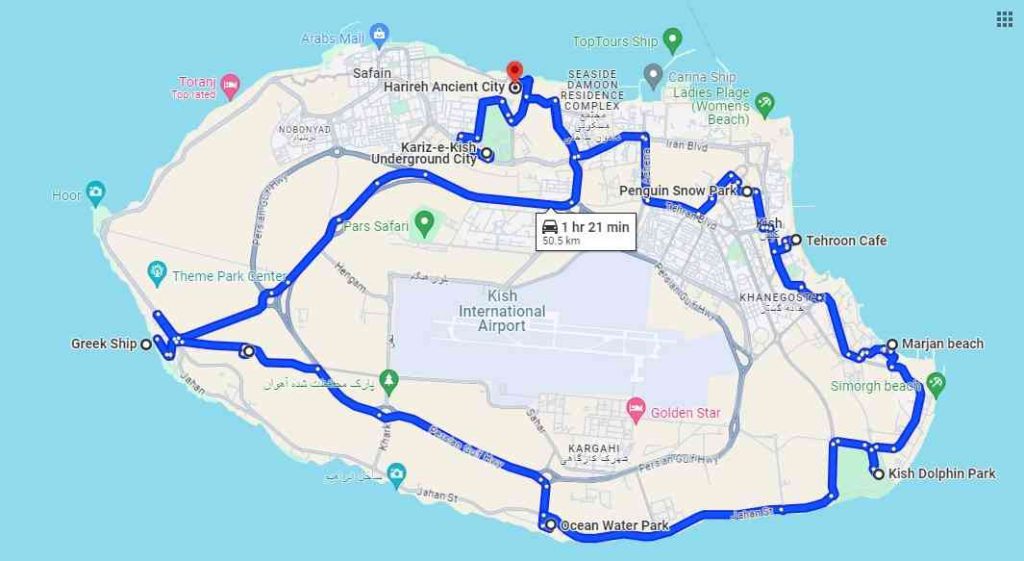 Kish Island Tour - letsseepersia Kish Island Tour route on Goohle Map