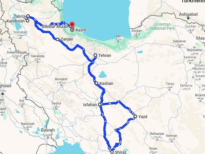 21 Days Iran Tour on Google map