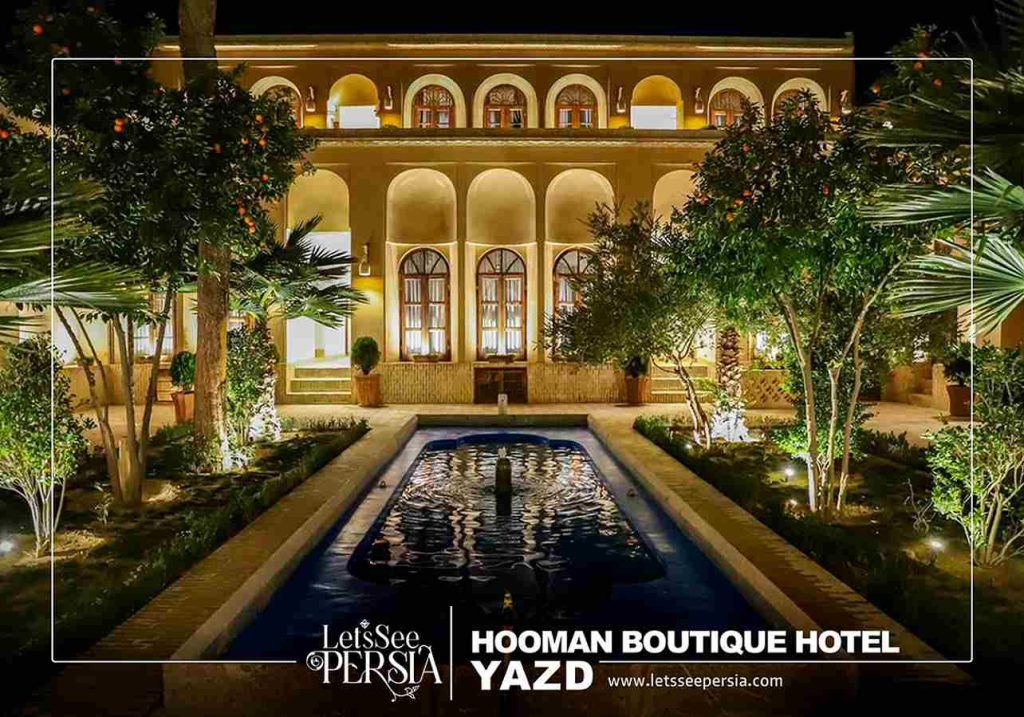 yard photo at night of hooman boutique hotel yazd